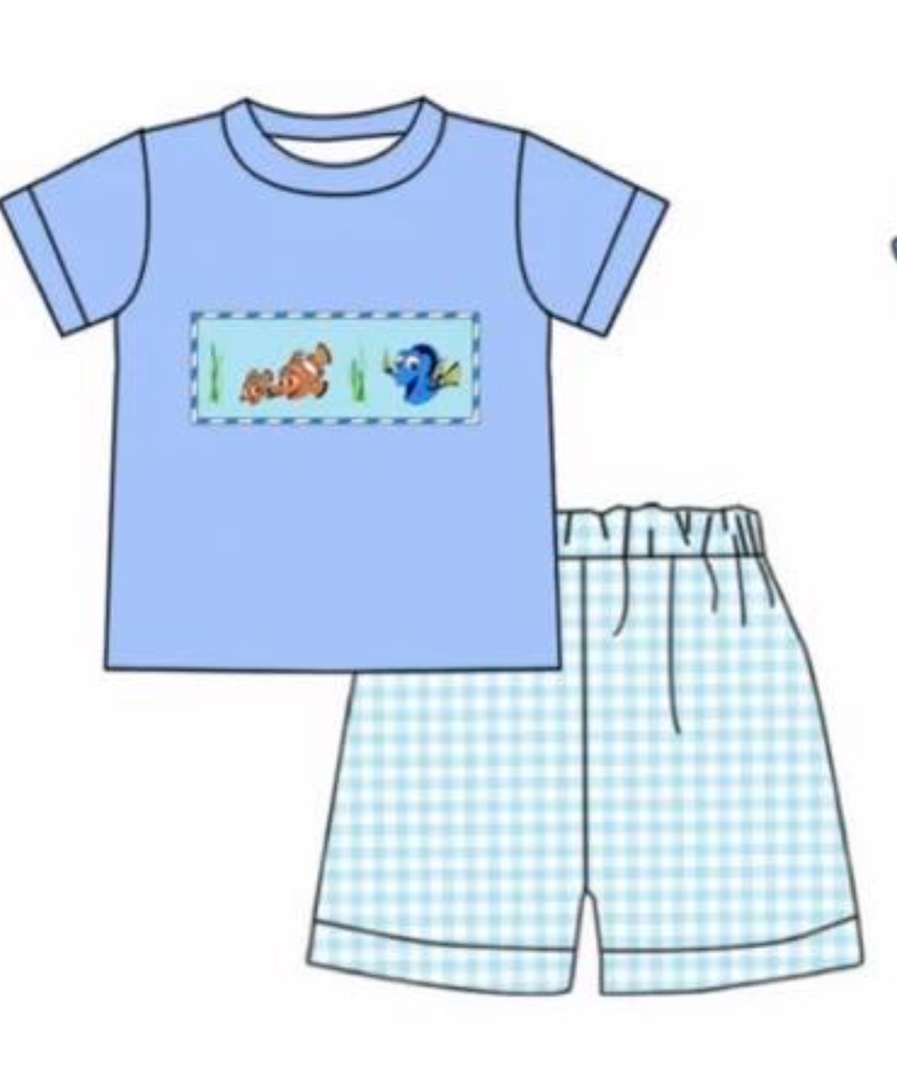 custom cute fish blue short sleeve checkered shorts boys set