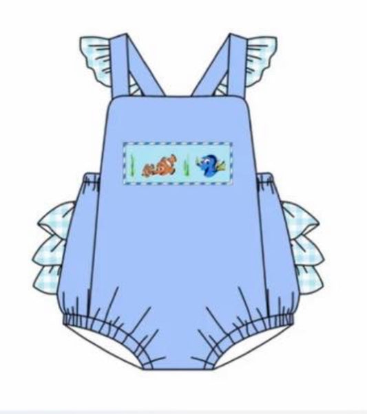 custom cute fish blue flutter sleeve girls romper