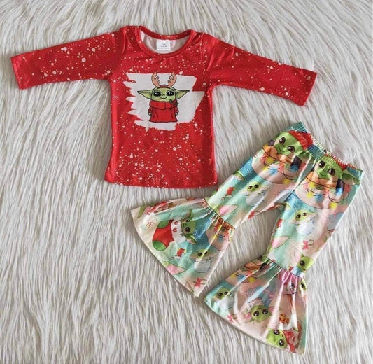 Christmas deer cartoon red long sleeve pants girls set