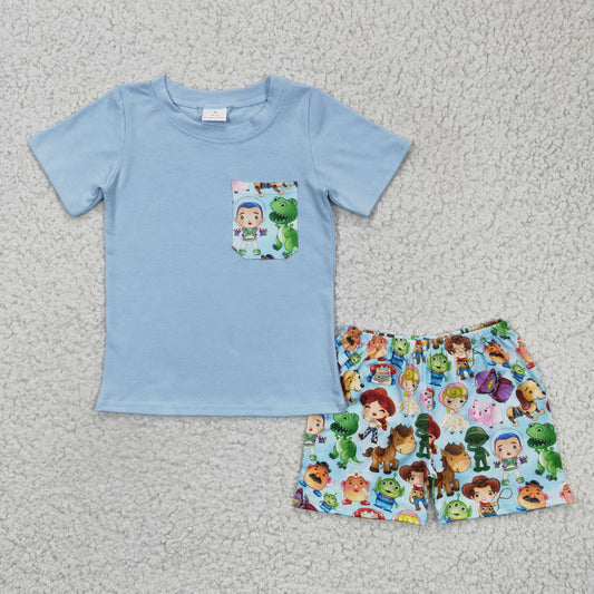 C14-24 Blue Cartoon Short Sleeve Story Boys Summer Set