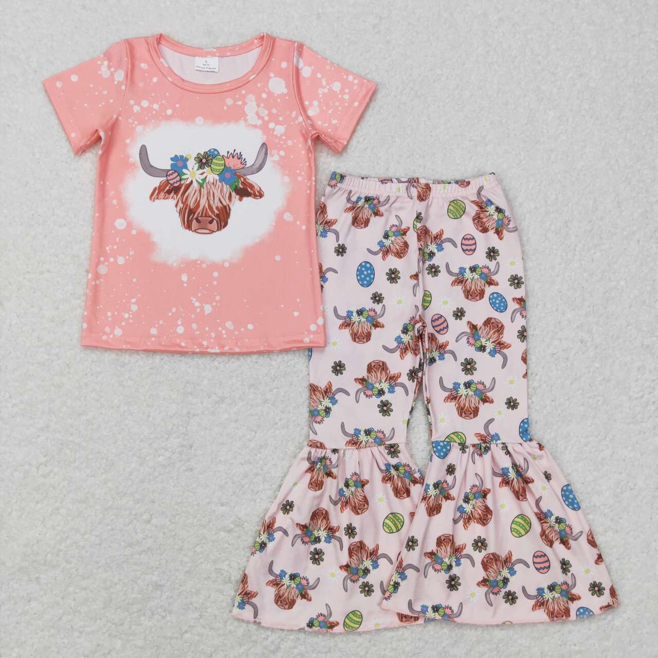 GSPO1055 Easter highland cow egg short sleeve pink pants girls set