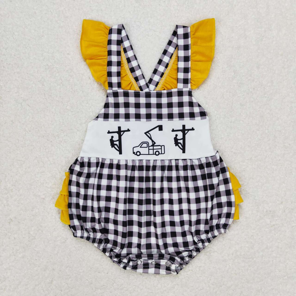 SR1222 Lineman black checkered yellow ruffles flutter sleeve girls romper