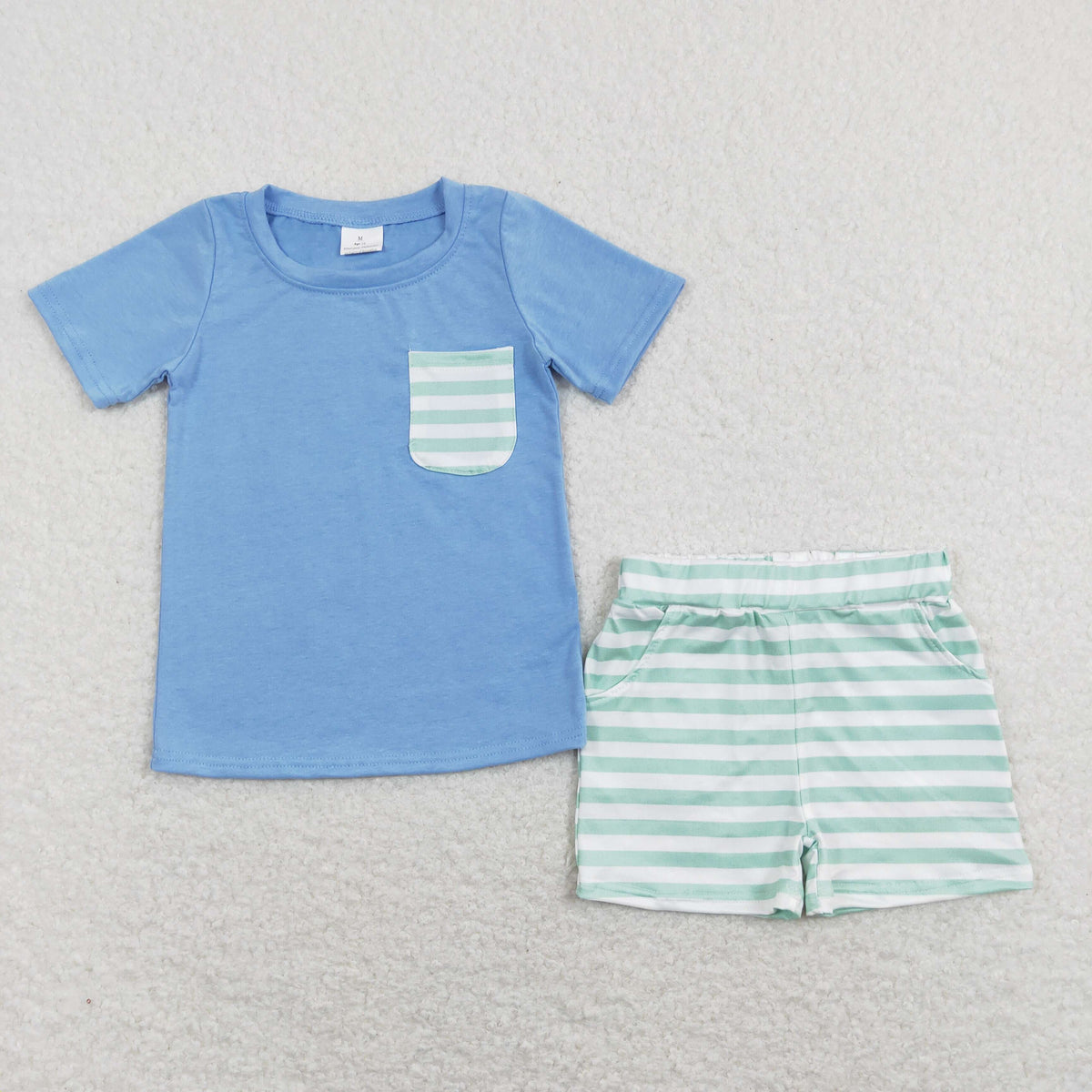 BSSO0366 Blue pocket short sleeve green striped shorts boys set