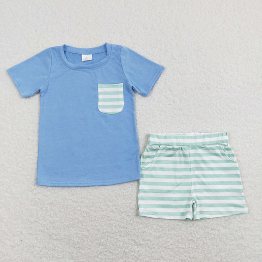 BSSO0366 Blue pocket short sleeve green striped shorts boys set
