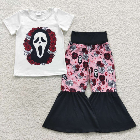 GSPO0710 Halloween Mask Man White Short Sleeves Pink Flowers Pants Girls Set