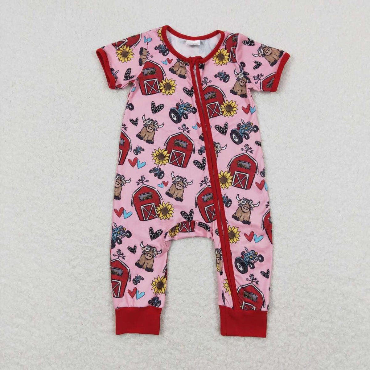 SR1368 farm house sunflower red short sleeve zipper girls romper