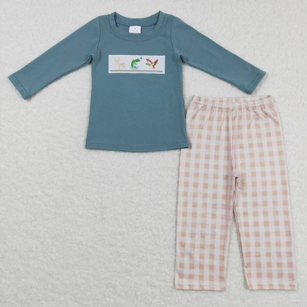 BLP0381 Hunt deer fish duck green long sleeve plaid pants boys set