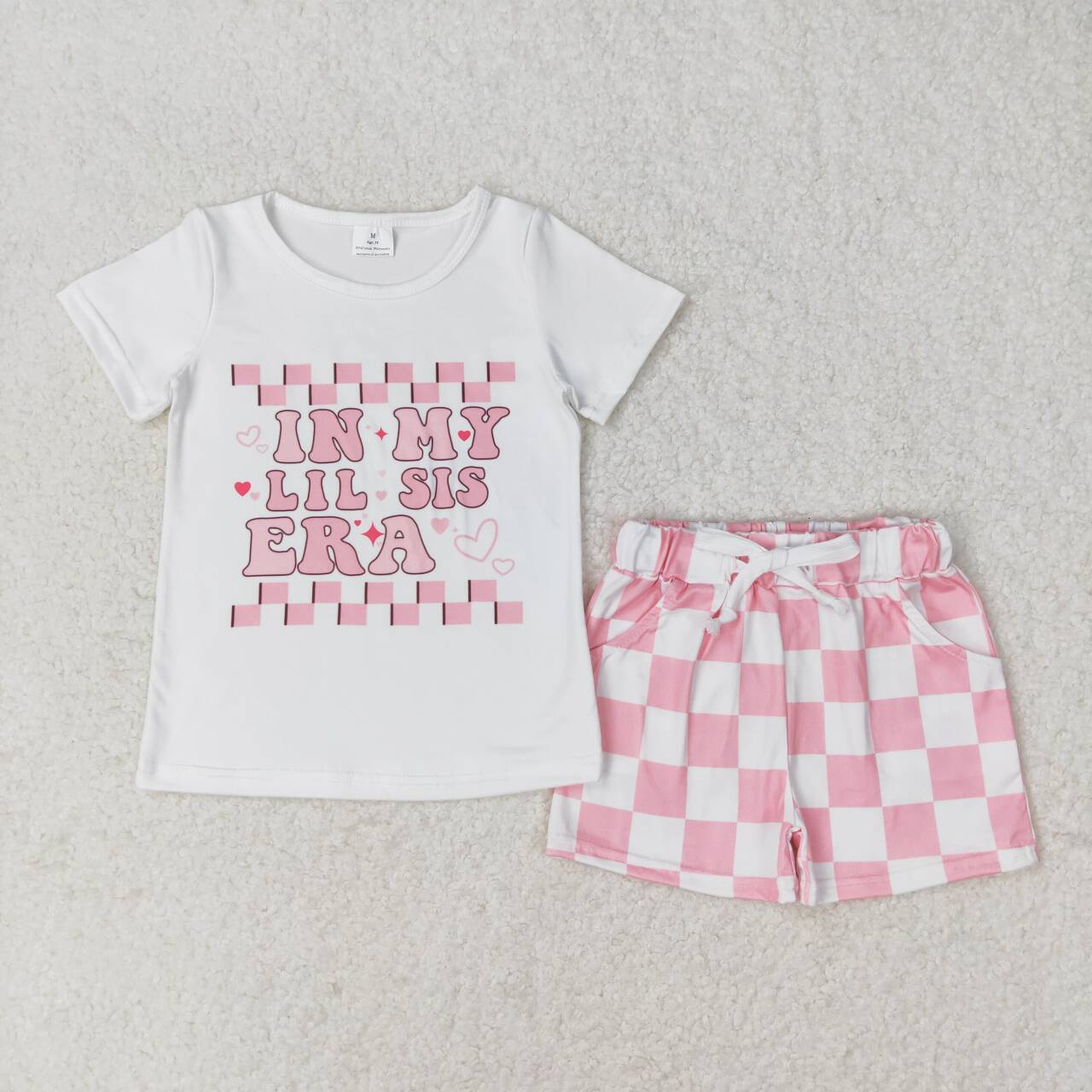 GSSO1074 in my little sister era short sleeve pink checkered shorts girls set