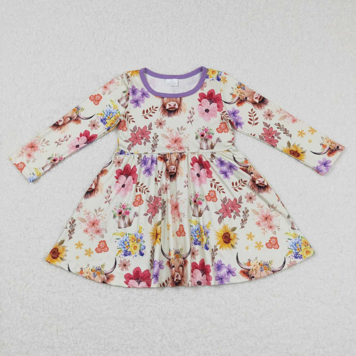 GLD0399 Highland cow flowers long sleeve girls dress