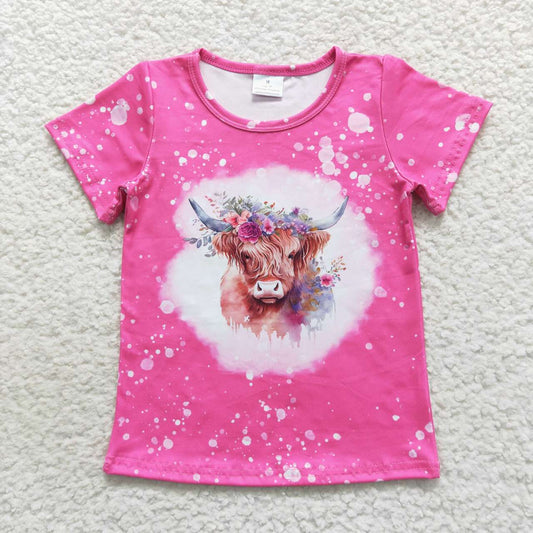 GT0212 Highland cow flowers hot pink short sleeve girls t-shirt