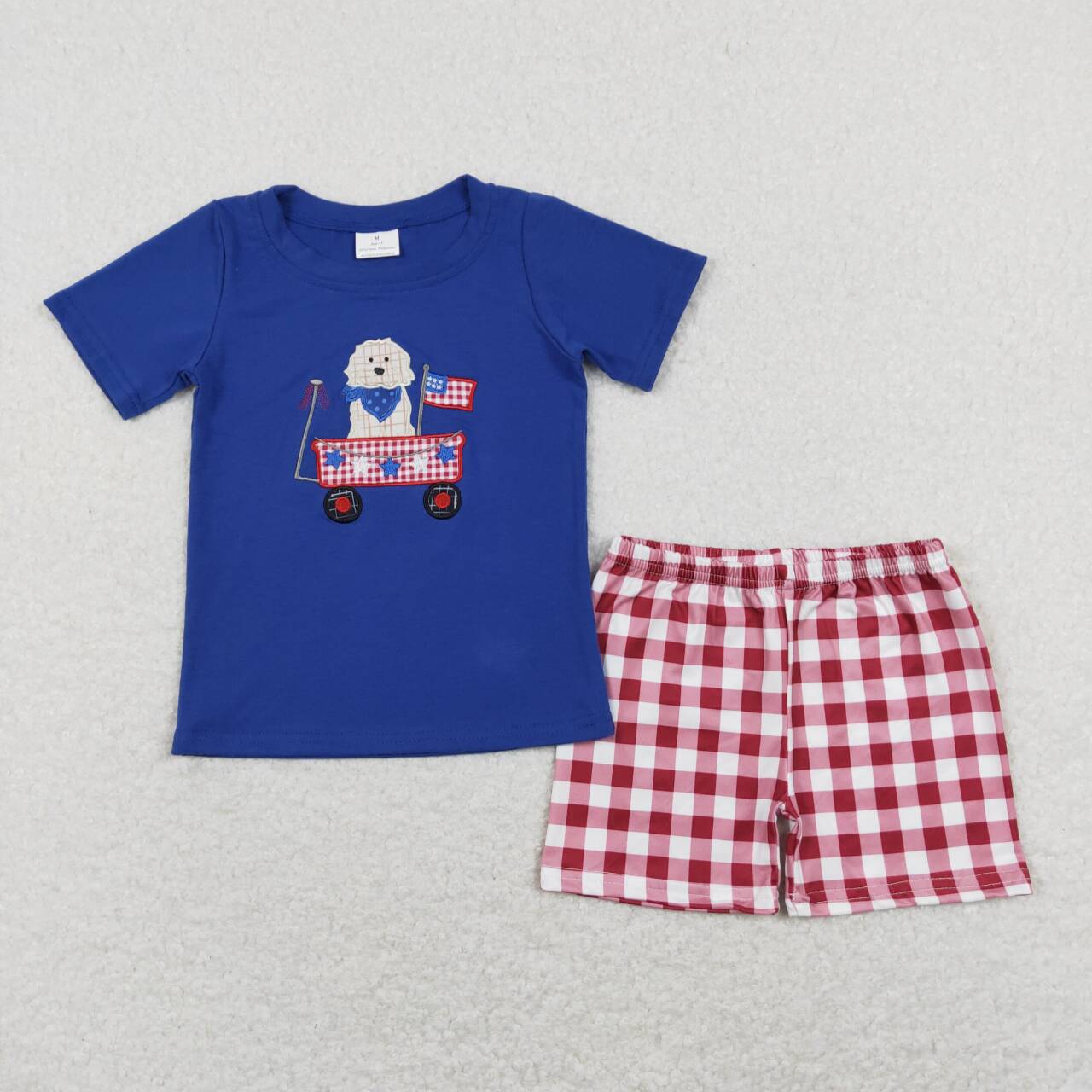 BSSO0423 Embroidery July 4th dog truck blue short sleeve red checkered shorts boys set