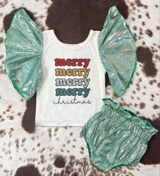 preorder GBO0180 Merry Christmas silver metallic short sleeve shimmer silk bummies set