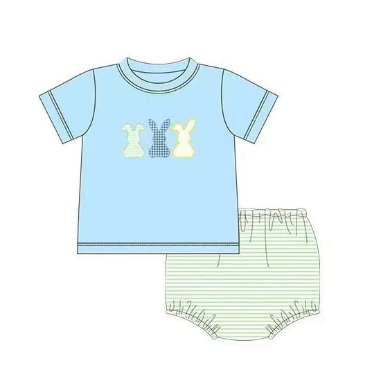 preorder GBO0199 Easter rabbit blue short sleeve striped kids bummies set