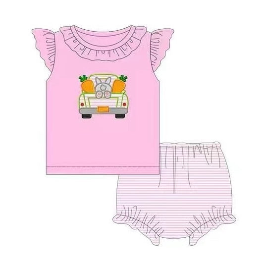 preorder GBO0200 Easter rabbit carrot truck pink flutter sleeve girls bummies set