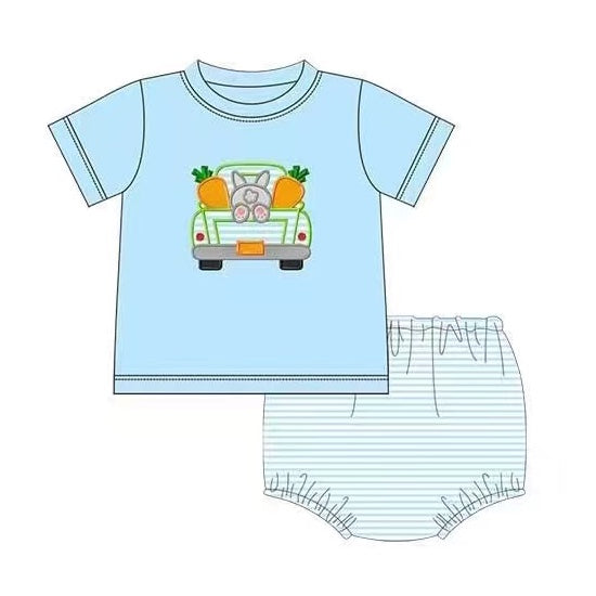 preorder GBO0201 Easter rabbit carrot truck blue short sleeve kids bummies set