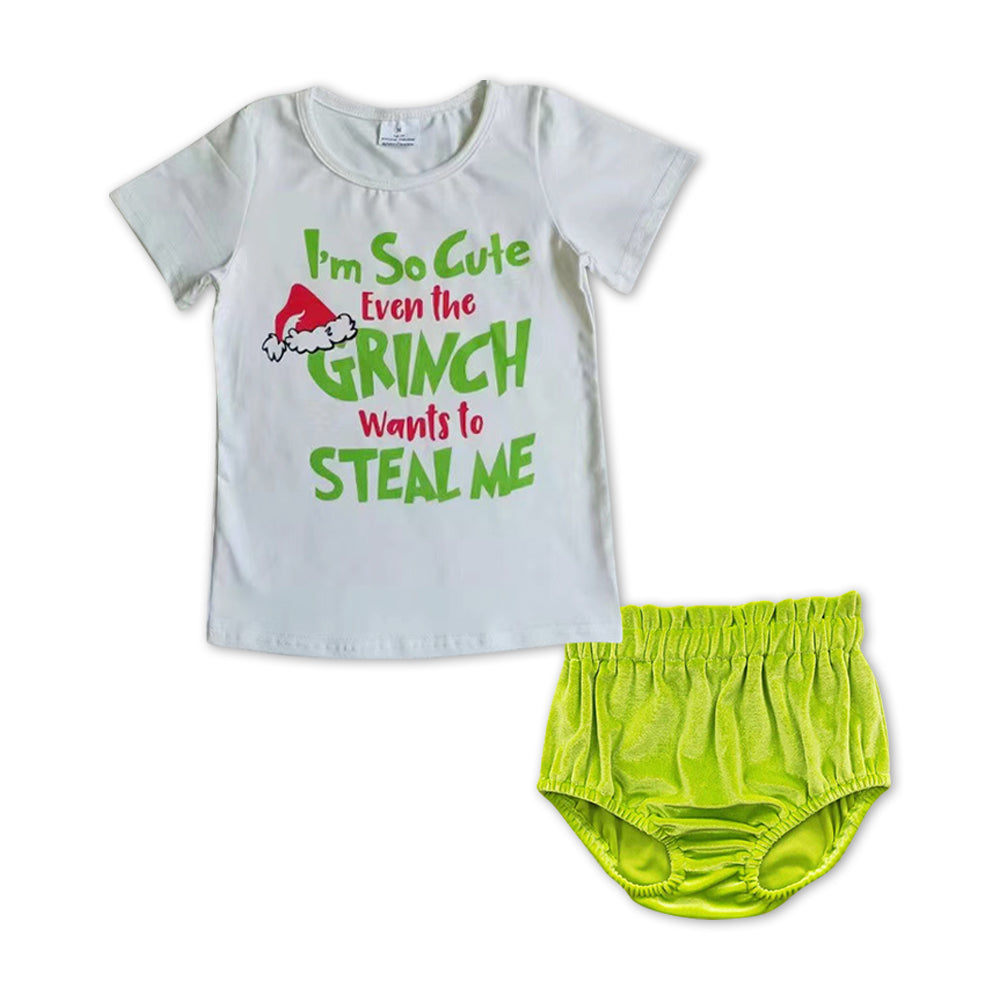 GBO0206 Christmas hat green face short sleeve green velvet bummies girls set
