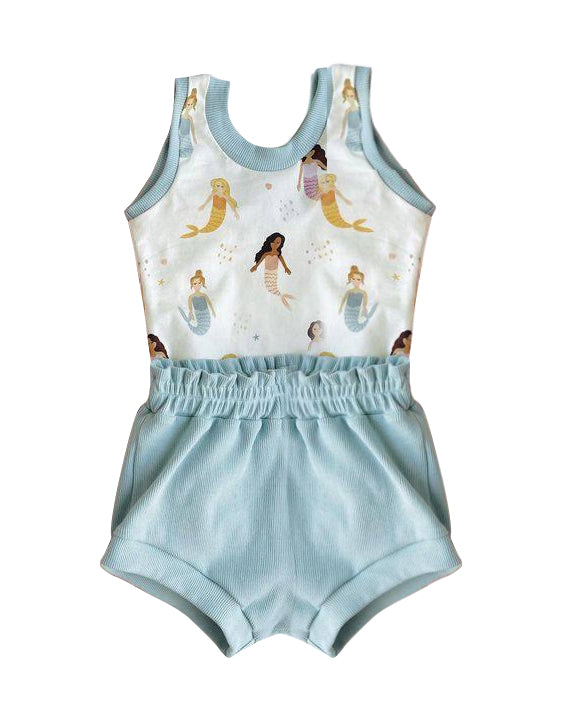 preorder GBO0217 Cartoon mermaid blue sleeveless girls bummeis set