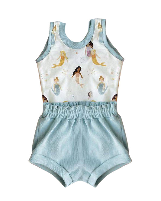 preorder GBO0217 Cartoon mermaid blue sleeveless girls bummeis set