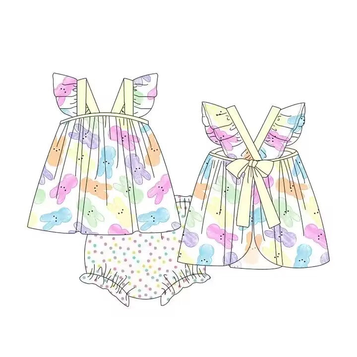 preorder GBO0227 Easter colorful rabbit flutter sleeve girls bummies set