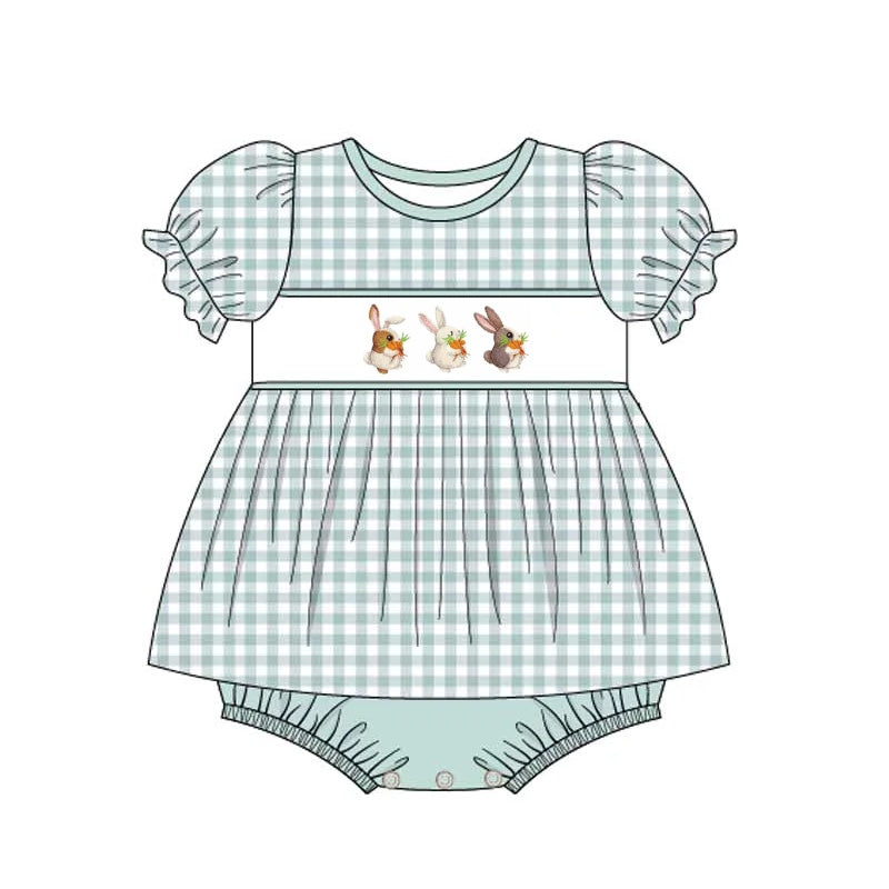 preorder GBO0229 Easter carrot rabbit green checkered short sleeve girls bummies set