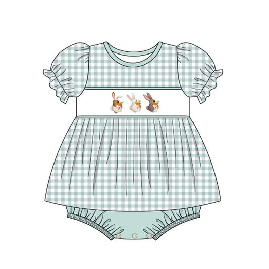 preorder GBO0229 Easter carrot rabbit green checkered short sleeve girls bummies set