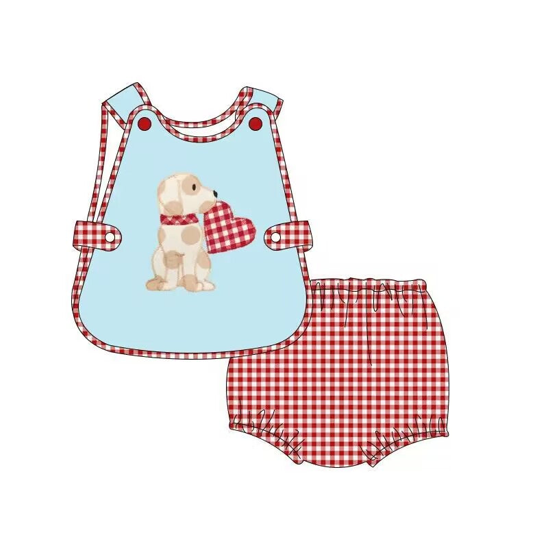 preorder GBO0231 Valentine's Day Dog Heart Blue Sleeveless Red Checkered Boys Bummies Set