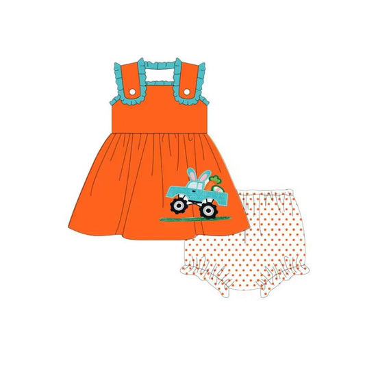 preorder GBO0232 Easter Egg Carrot Truck Orange Sleeveless Orange Dot Girls Bummies Set