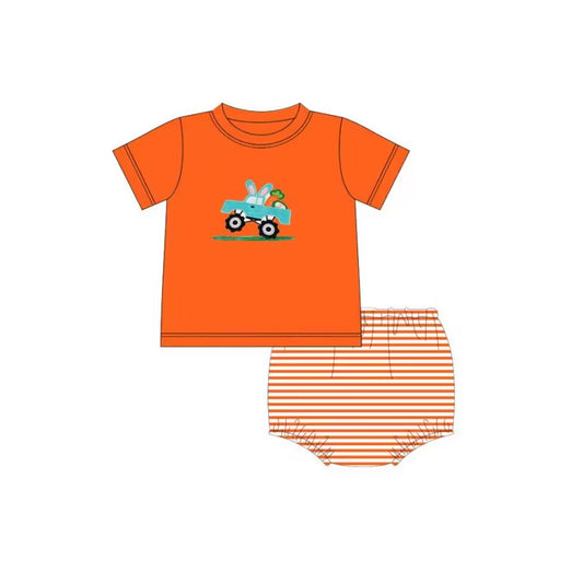 preorder GBO0233 Easter Egg Carrot Truck Orange Short Sleeve Orange Striped Boys Bummies Set