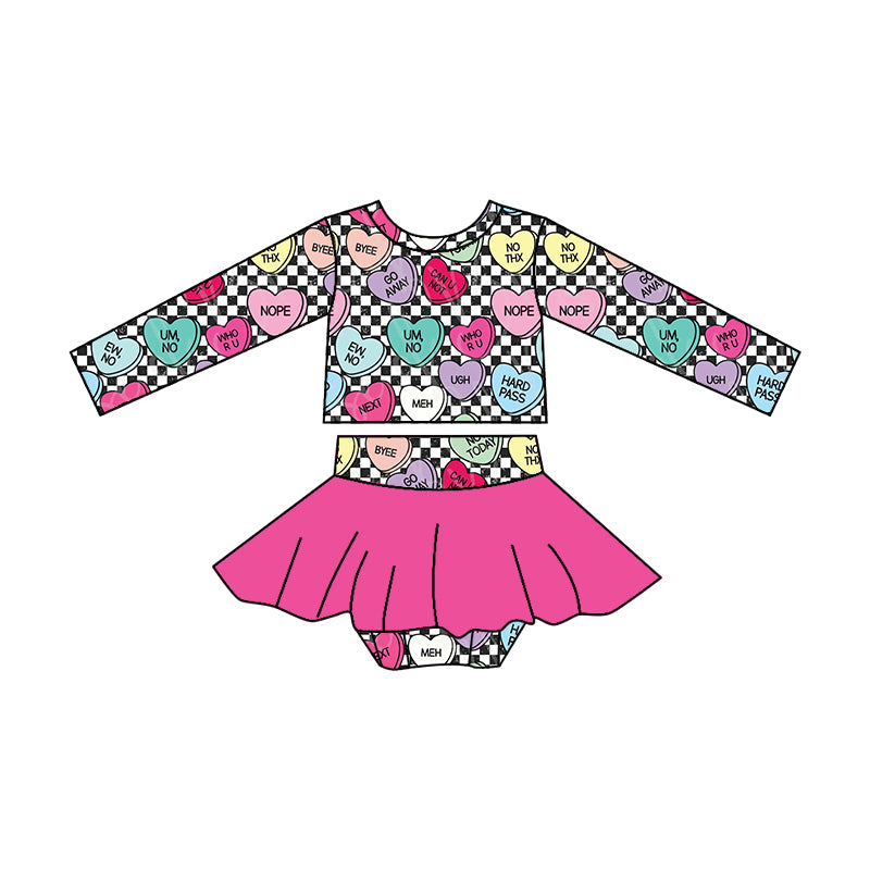 preorder GBO0237 Valentine's Day Heart Checkered Long Sleeve Hot Pink Girls Bummies Set