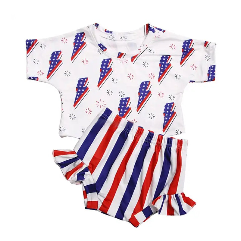 preorder GBO0238 July 4th Lightning Firework Short Sleeve Red Blue Striped Bummies Set