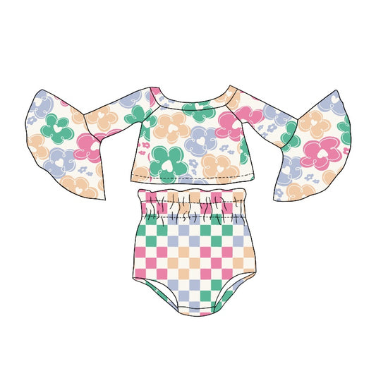 preorder GBO0240 Colorful Flowers Long Sleeve Colorful Checkered Girls Bummie Set