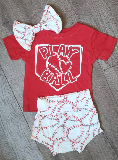 preorder GBO0241 Valentine's Day Play Ball Red Short Sleeve Girls Bummies Set