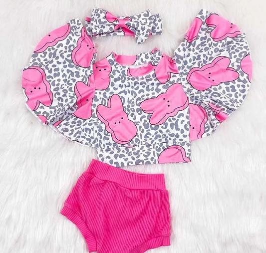 preorder GBO0243 Easter Rabbit Leopard Hot Pink Short Sleeve Girls Bummies Set