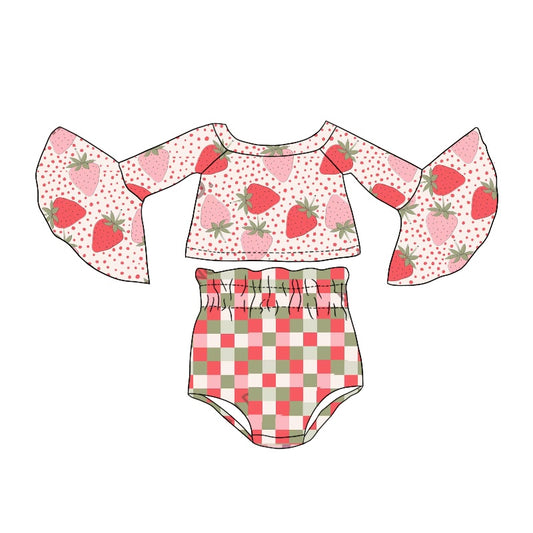 preorder GBO0246 Strawberry Pink Dot Long Sleeve Pink Checkered Girls Bummies Set