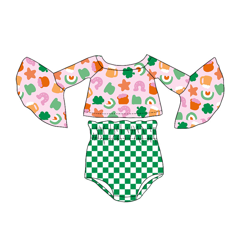 preorder GBO0248 Baby Girl Rainbow Clover Star Pink Long Sleeve Green Checkered Girls Bummies Set Kids Saint Patrick Clotehs