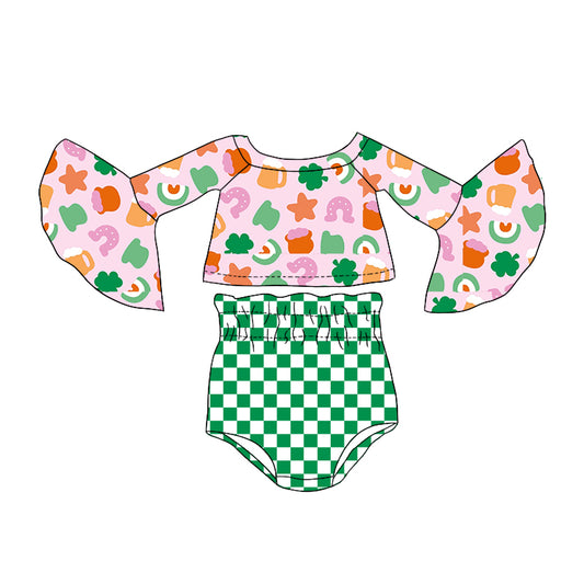 preorder GBO0248 Baby Girl Rainbow Clover Star Pink Long Sleeve Green Checkered Girls Bummies Set Kids Saint Patrick Clotehs