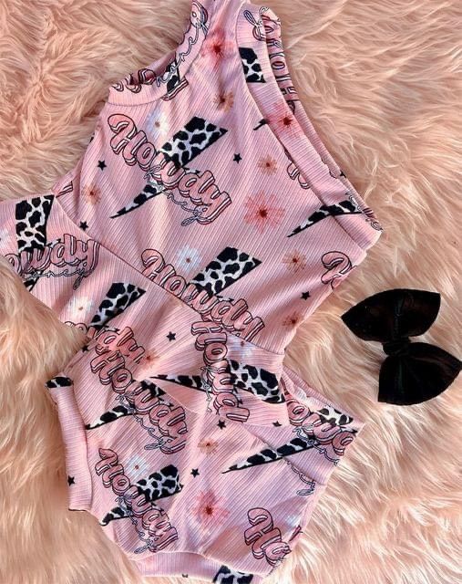 preorder GBO0251 Western Howdy Pink Sleeveless Girls Bummies Set