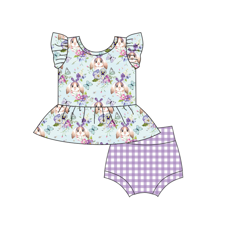 preorder GBO0256 Rabbit Butterfly Flutter Sleeve Purple Checkered Girls Bummies Set