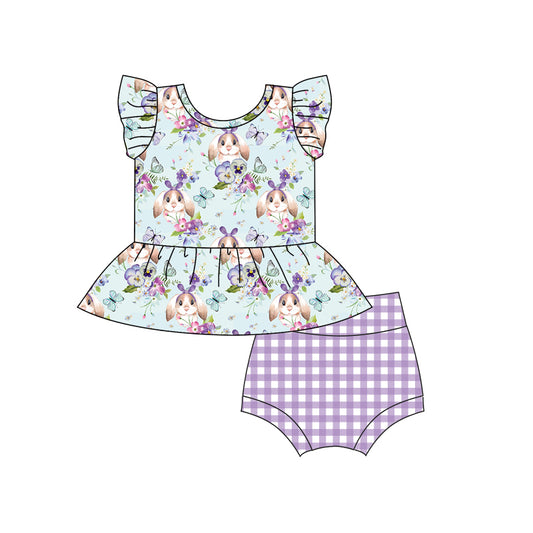 preorder GBO0256 Rabbit Butterfly Flutter Sleeve Purple Checkered Girls Bummies Set