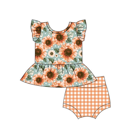 preorder GBO0269 Sunflowers Flutter Sleeve Orange Checkered Girls Bummies Set