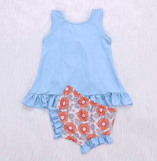 preorder GBO0287 Blue ruffles colorful flowers sleeveless girls bummies set