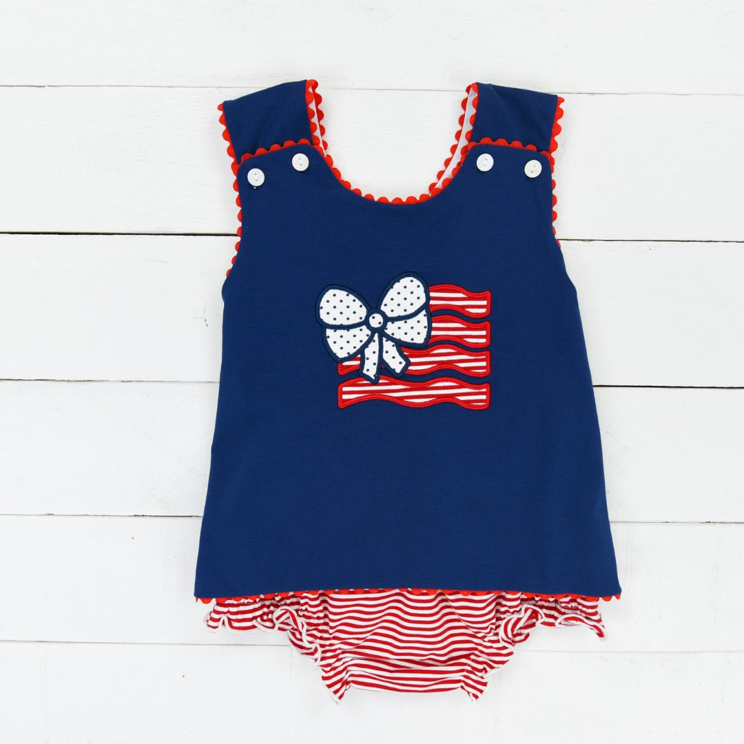 preorder GBO0288 July 4th flag navy sleeveless red striped girls bummies set