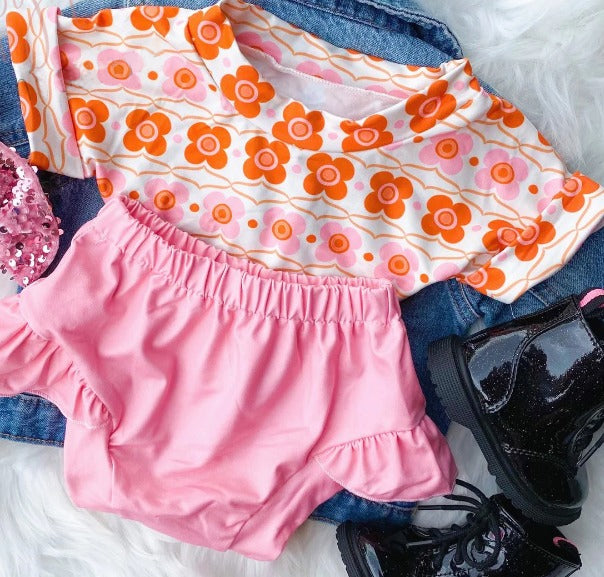 preorder GBO0310 Orange pink flowers short sleeve pink girls bummies set