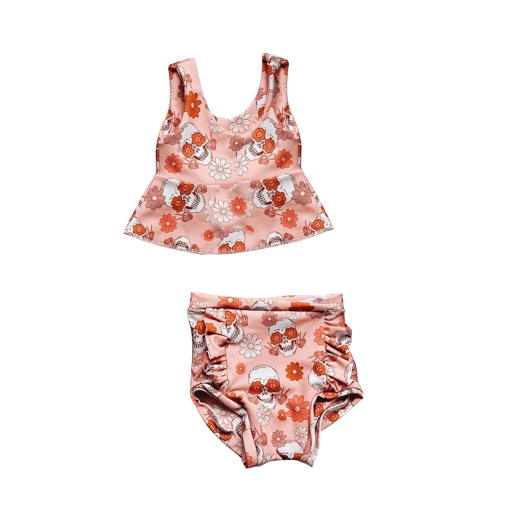 preorder GBO0321 skull flowers pink sleeveless girls bummies set