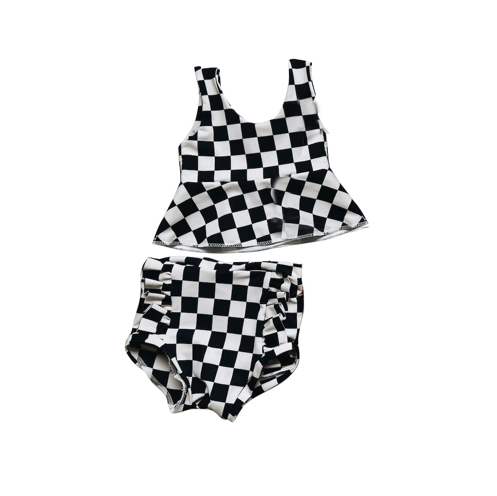 preorder GBO0323 black checkered sleeveless girls bummies set