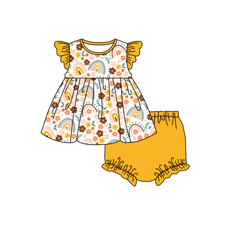 preorder GBO0327 multi color rainbow flowers yellow flutter sleeve girls bummies set
