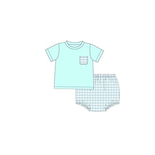 preorder GBO0337 sky blue pocket short sleeve blue checkered boys bummies set