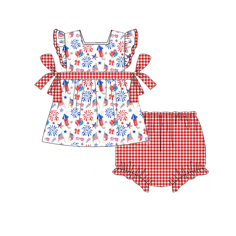 preorder GBO0339 July 4th fireworks balloon flutter sleeve red checkered girls bummies set