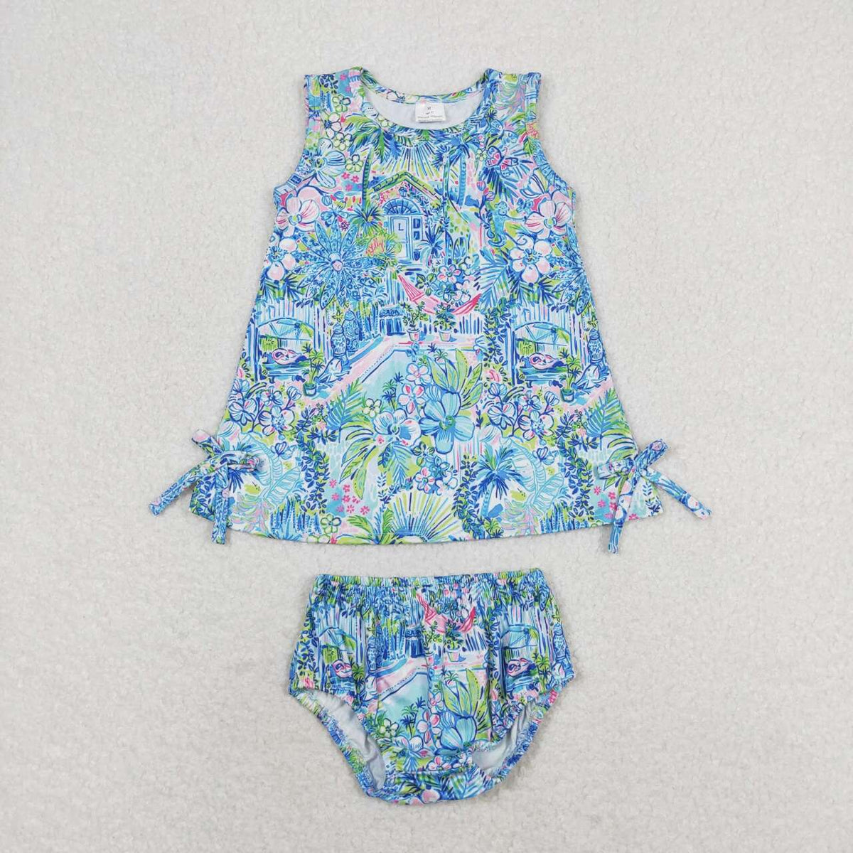 GBO0340 blue flower sleeveless girls bummies set