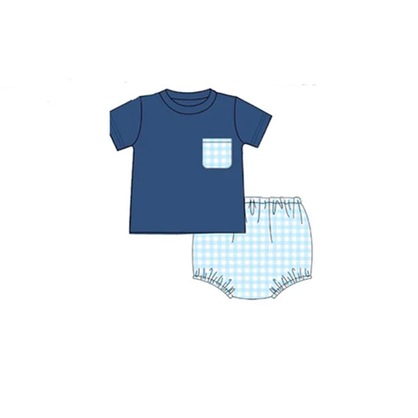 preorder GBO0399 navy pocket short sleeve blue checkered boys bummies set